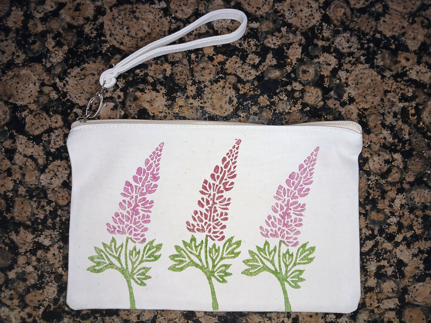Lupins in raspberry & pink on natural cotton canvas pouch