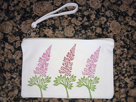 Lupins in raspberry & pink on natural cotton canvas pouch