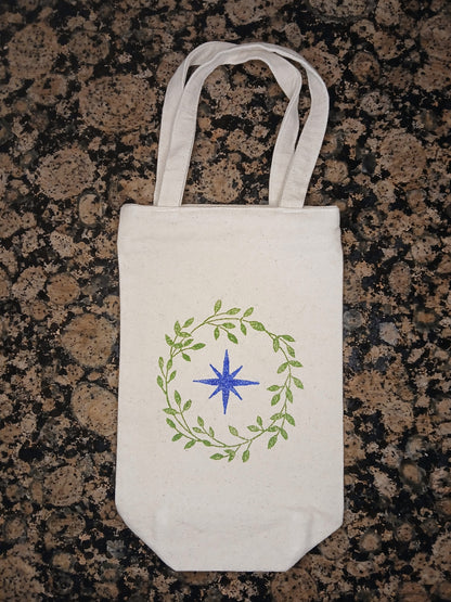 Wreath & Christmas Star in green & blue on natural cotton canvas bottle bag