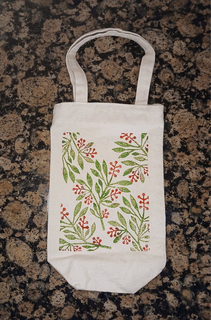 Leaves & Berries in green & red on natural cotton canvas bottle bag