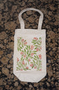 Leaves & Berries in green & red on natural cotton canvas bottle bag