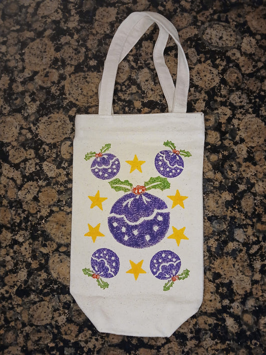 Christmas Puddings & Stars in purple/red/green & yellow on natural cotton canvas bottle bag (Copy)