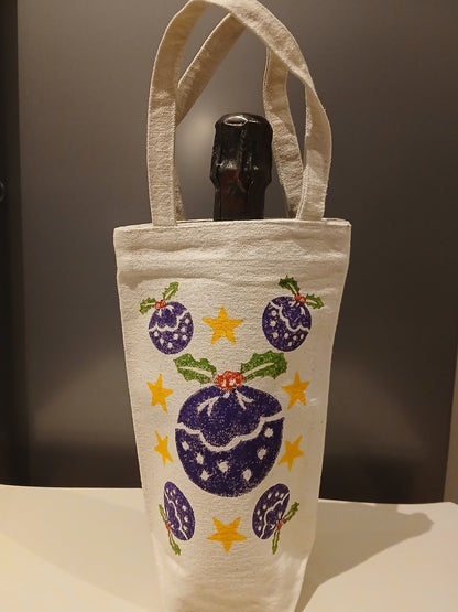 Christmas Puddings & Stars in purple/red/green & yellow on natural cotton canvas bottle bag (Copy)