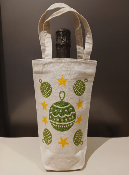 Christmas Baubles & Stars in green & yellow on natural cotton canvas bottle bag