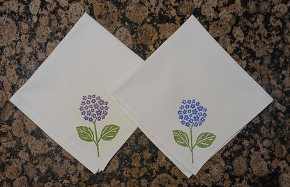 Hydrangeas on white cotton napkin