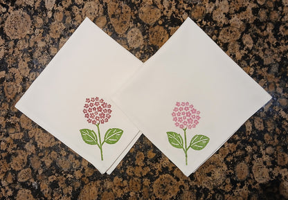 Hydrangeas on white cotton napkin