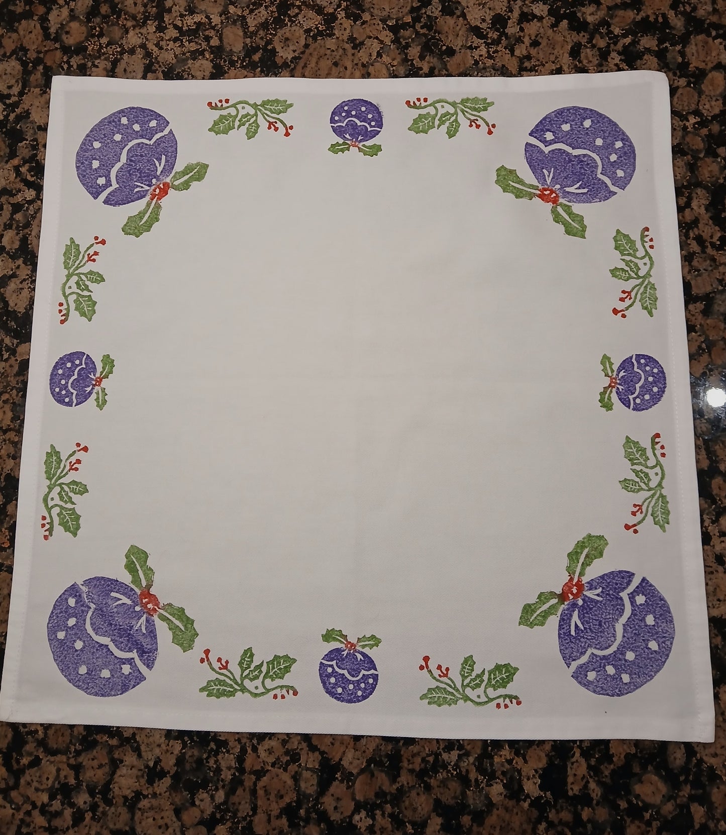 Christmas Pudding & Holly on white cotton napkin