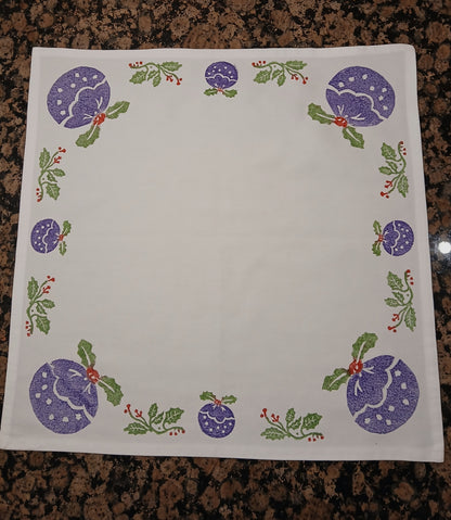 Christmas Pudding & Holly on white cotton napkin