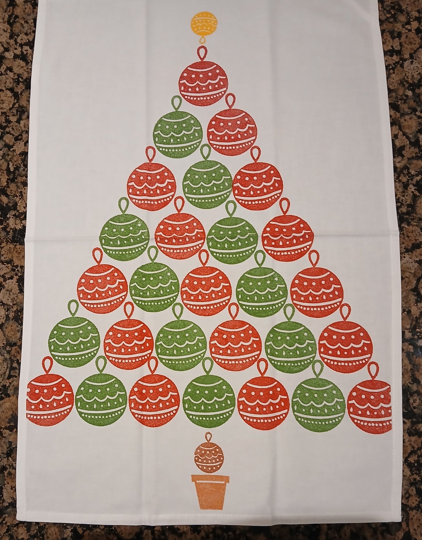 Christmas Tree Baubles on cotton teatowel