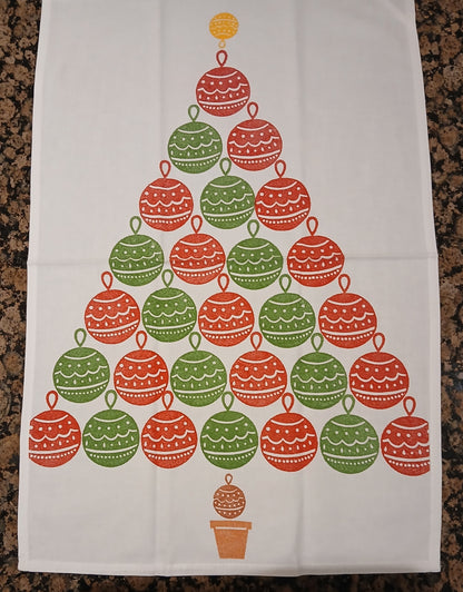 Christmas Tree Baubles on cotton teatowel