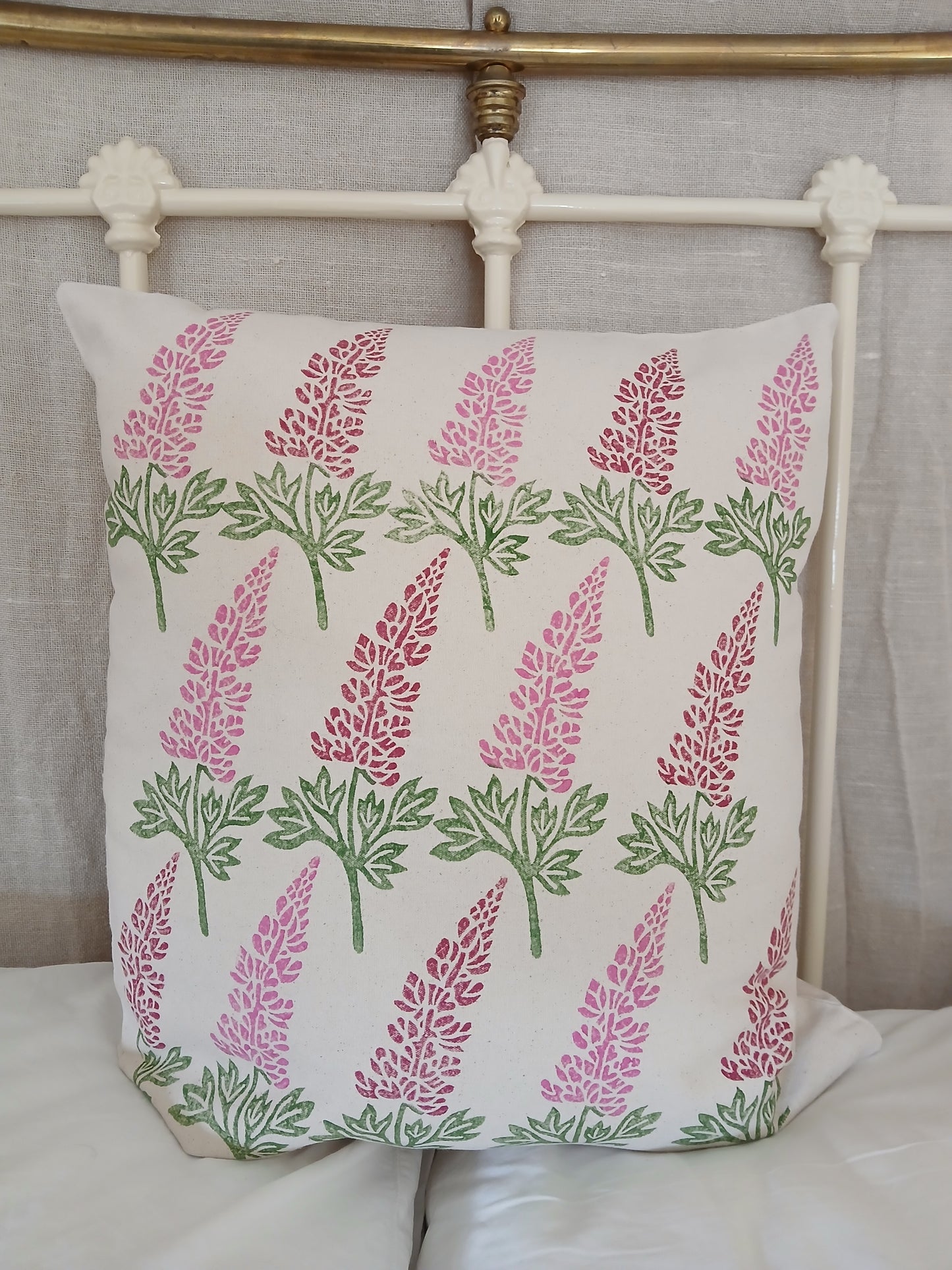 Lupin in raspberry & pink cushion cover