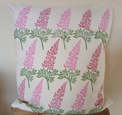 Lupin in raspberry & pink cushion cover