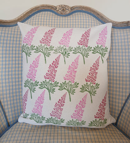 Lupin in raspberry & pink cushion cover