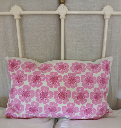 Dog Rose in raspberry & pink cushion cover
