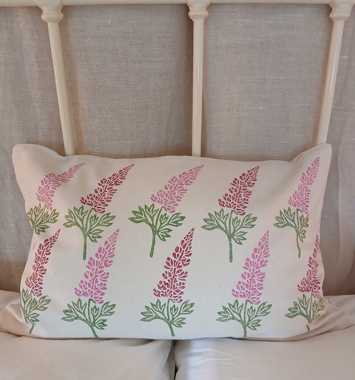 Lupin in raspberry & pink cushion cover