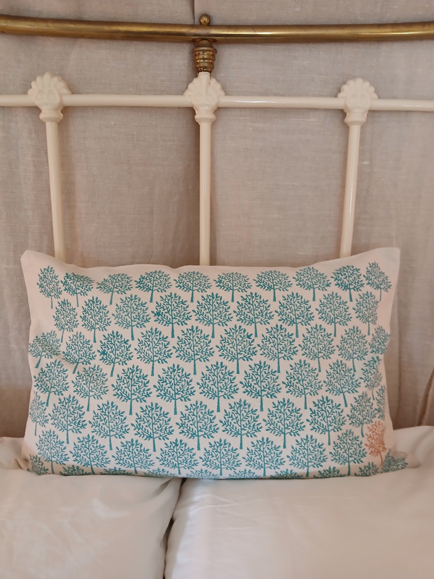 Indian Tree in teal with bronze detail cushion cover