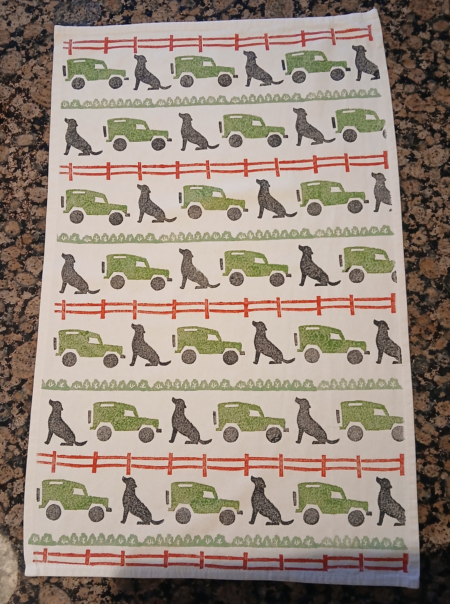 Labrador & Landrovers on cotton teatowel