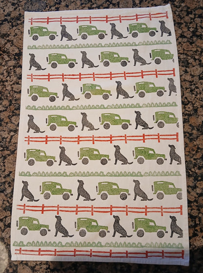 Labrador & Landrovers on cotton teatowel