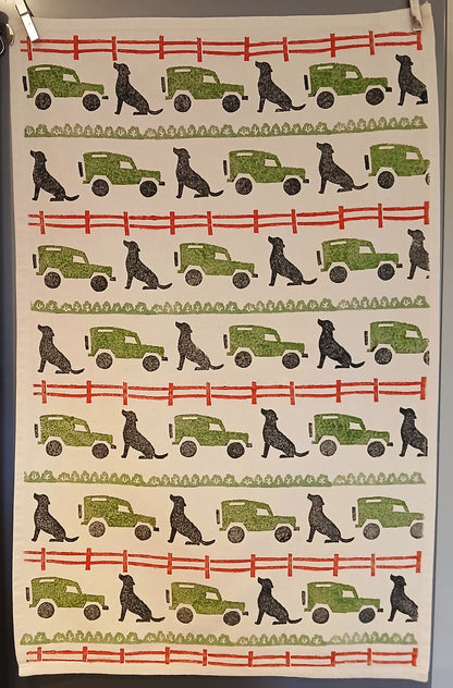 Labrador & Landrovers on cotton teatowel