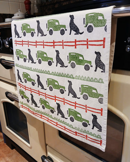 Labrador & Landrovers on cotton teatowel
