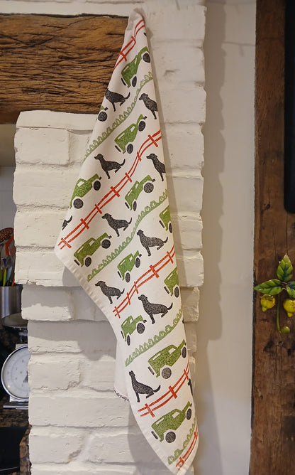 Labrador & Landrovers on cotton teatowel
