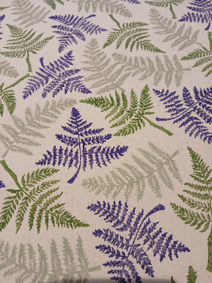 Ferns in two greens & purple on cotton teatowel