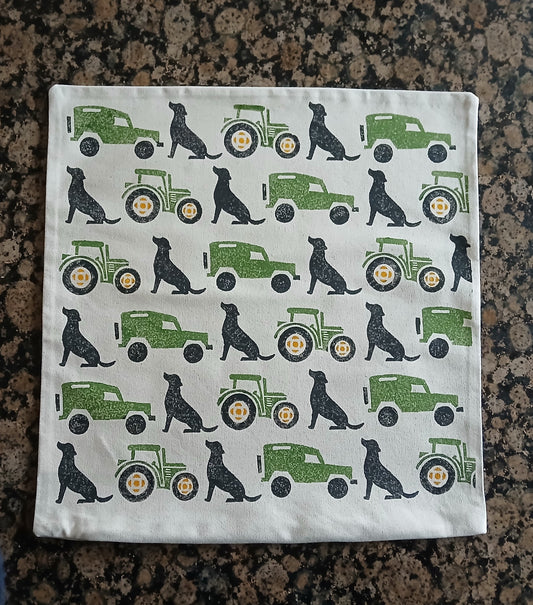 Landrover, Labrador, Tractor in green and black cushion cover