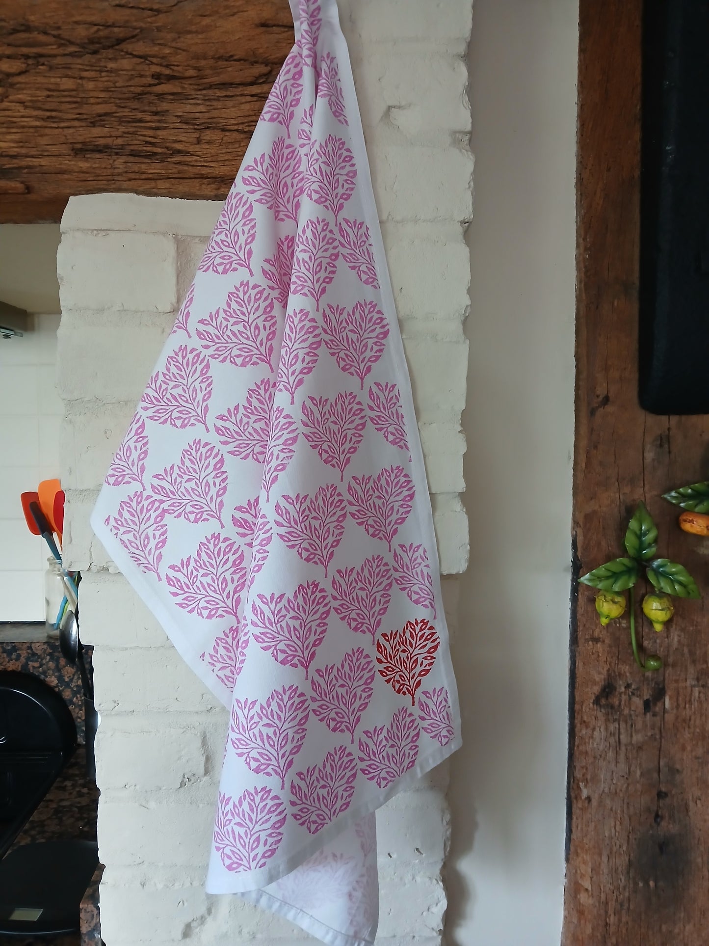 Floral Heart in pink with red detail on cotton teatowel