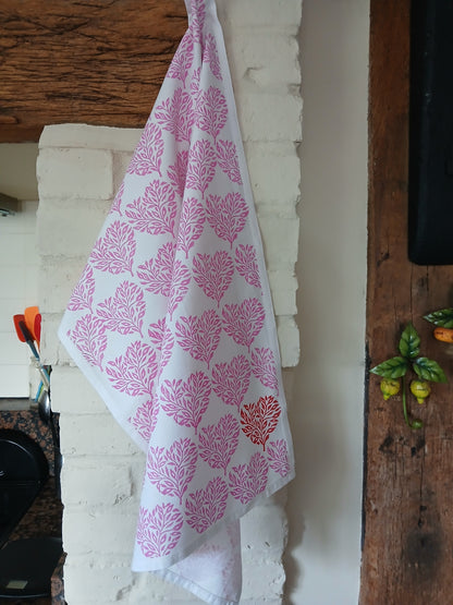 Floral Heart in pink with red detail on cotton teatowel