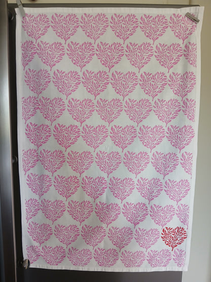 Floral Heart in pink with red detail on cotton teatowel