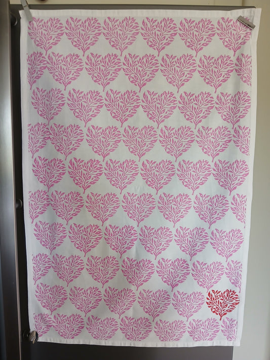 Floral Heart in pink with red detail on cotton teatowel