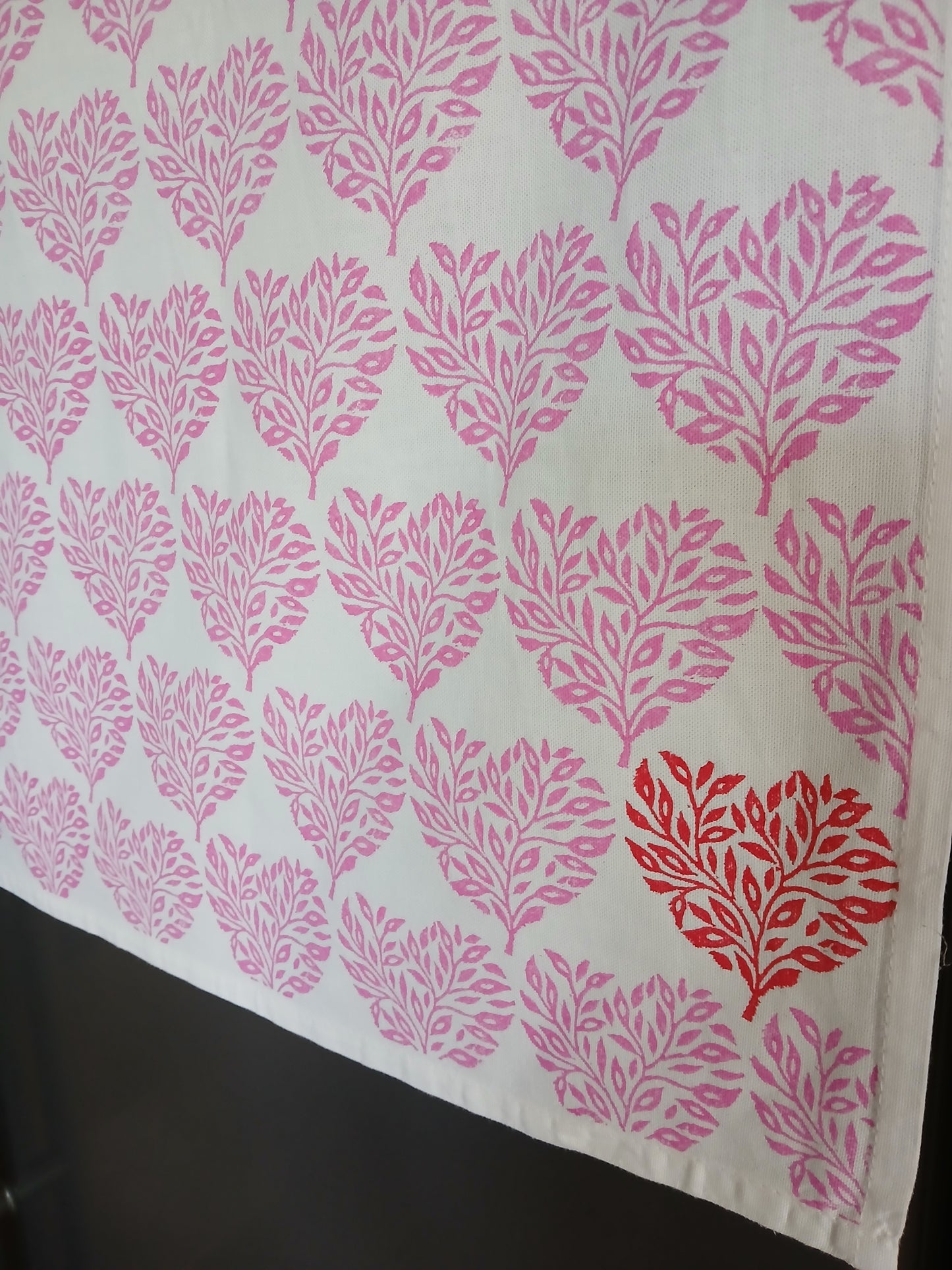 Floral Heart in pink with red detail on cotton teatowel