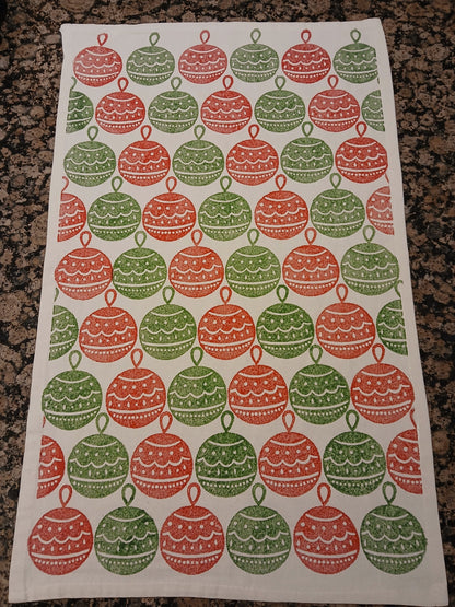Christmas Baubles in red & green on cotton teatowel