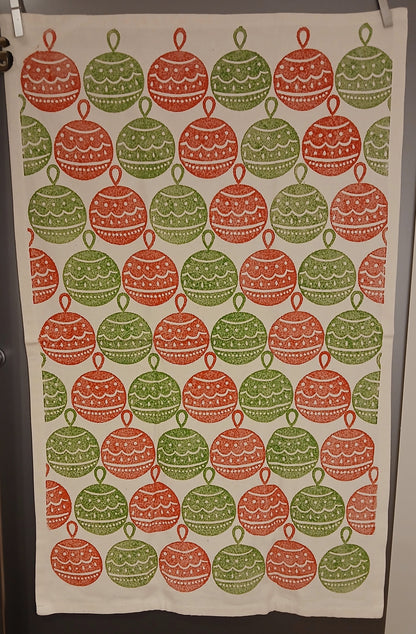 Christmas Baubles in red & green on cotton teatowel