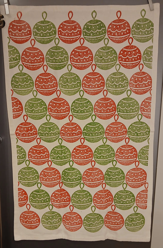 Christmas Baubles in red & green on cotton teatowel