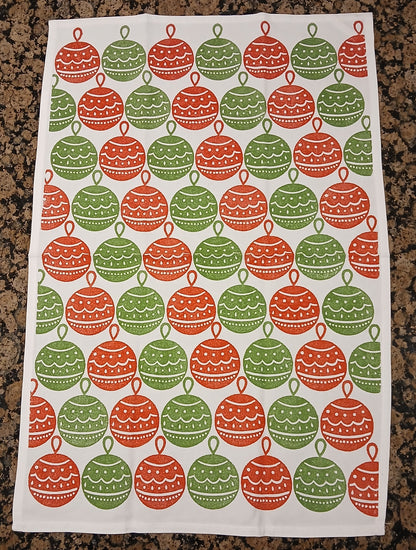 Christmas Baubles in red & green on cotton teatowel